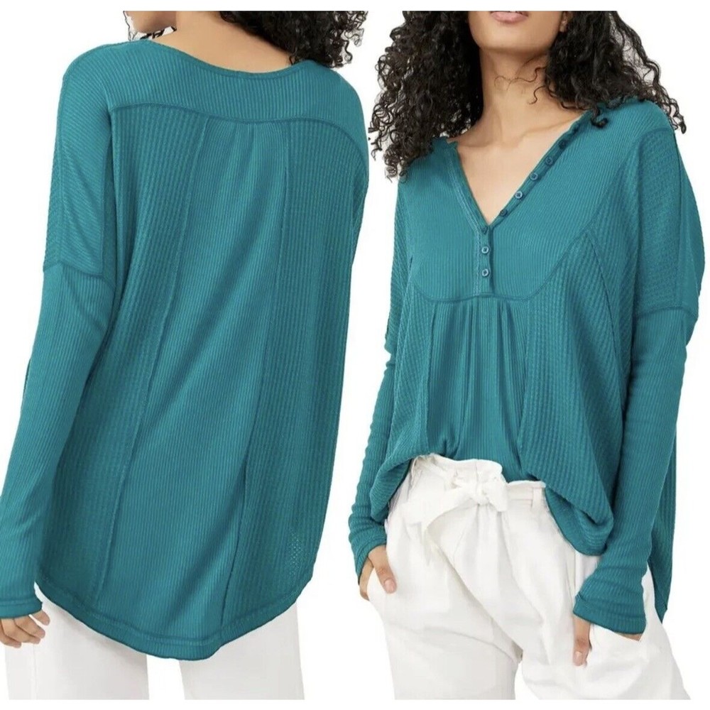 Free People Leo Oversized Henley Waffle Knit Tunic Top Teal Green Size S NWT